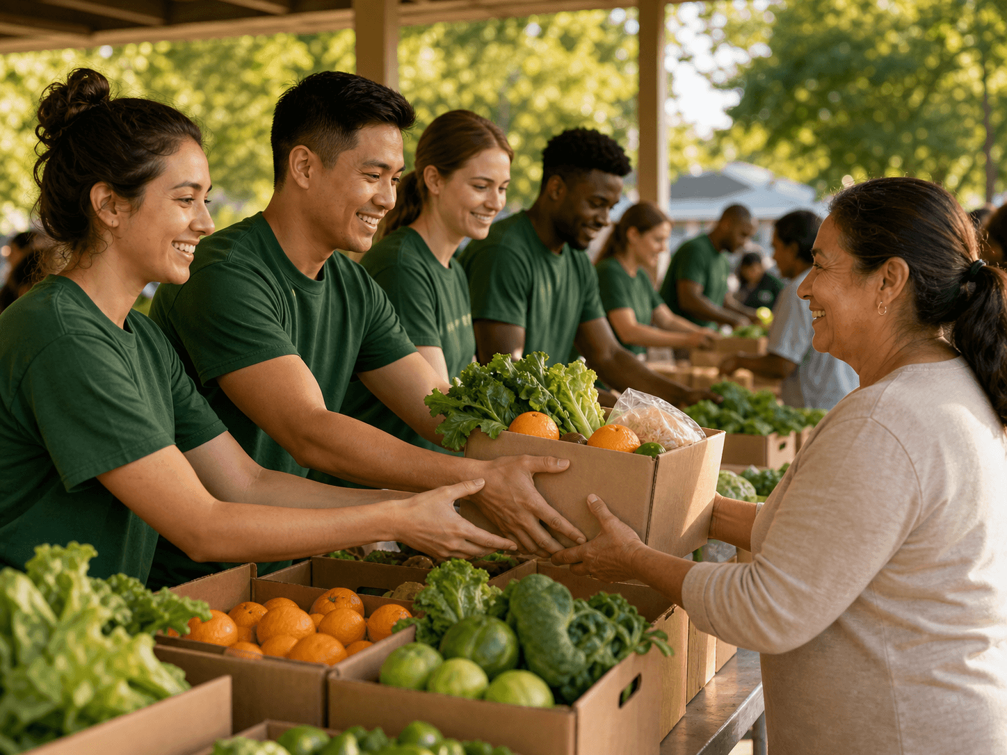 Volunteers sorting fresh produce for neighborhood distribution